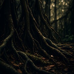 Fototapeta premium Intricate Tree Roots Dark Forest Floor with Moss and Bokeh