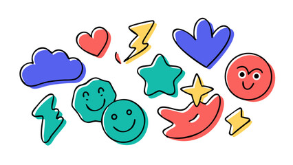 Fototapeta premium Cheerful doodle icons with hearts stars and smiley faces cartoon happy