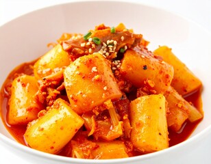 Korean Authentic Dish Tteokbokki, made from small-sized garae-tteok called tteokmyeon or commonly tteokbokki-tteok with White Background