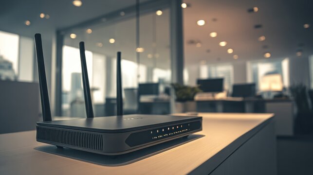 Router sits on desk, connects devices in bright office