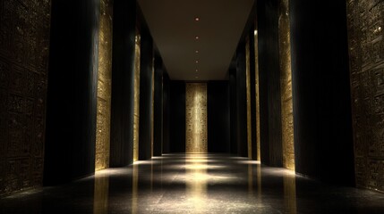 Elegant interior hallway with golden accents and dramatic lighting perspective