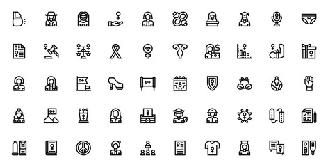 Feminism icon set. Vector illustration. Includes symols for pregnant, astronau, business woman, salary, ote, politician, nurse, an more. Editable vector.