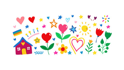 Colorful doodle collection of hearts stars flowers and sun rainbow
