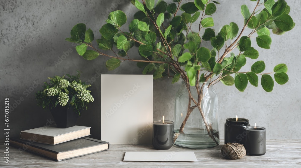 Poster and keyword list based on the image greenery display with candlelight, books, card on a shelf agains