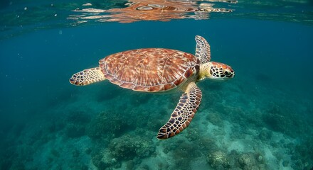 Obraz premium Sea turtle swimming gracefully underwater in clear ocean