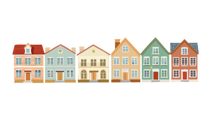 Colorful row of houses with varied windows and roofs buildings architecture