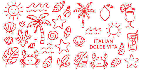 Summer vacation doodle illustration set. Beach and sea travel elements. Hand drawn palm tree, fruit, lobster, seafood, shell, bikini, cocktail. Coastal collection for card, prints, wedding invitation.