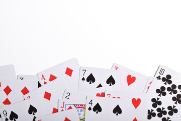 Playing cards isolated on white background, flat lay. Space for text