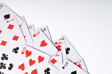 Playing cards isolated on white background, flat lay. Space for text