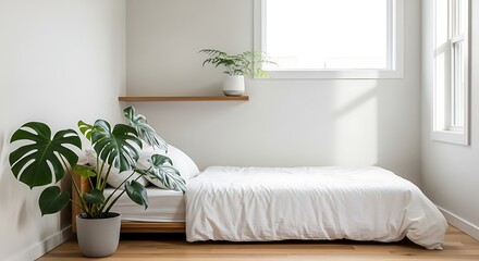 Minimalist Bedroom with Plants and Natural Light.