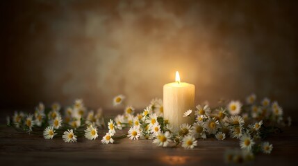 International Day of Peace concept with glowing candle and white daisies on wooden table, gentle flickering light, tranquil meditative mood with warm blurred background