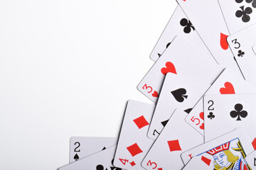 Playing cards isolated on white background, flat lay. Space for text