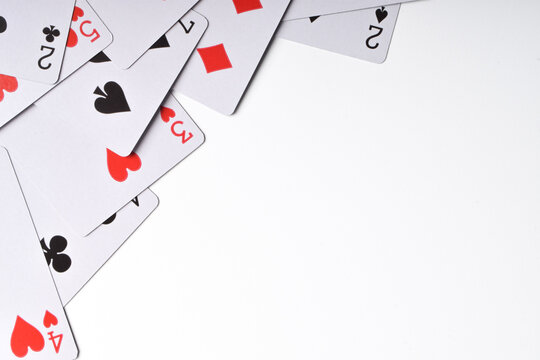 Playing cards isolated on white background, flat lay. Space for text