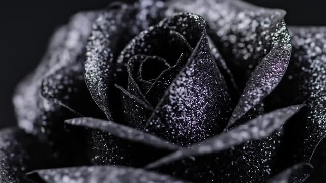 Detailed Close Up of a Glimmering Black Rose with Glitter Petals Against a Dark Background in a Studio Setting, Creating a Luxurious and Romantic Aesthetic