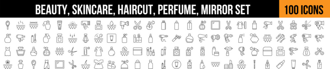 Beauty, Skincare, Mirror, Haircut Simple Icon Collection. Editable Stroke. Perfect for Graphics, Designs, Books, Adverts, Apps