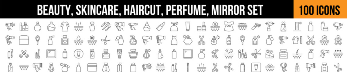 Beauty, Skincare, Mirror, Haircut Line Icon Collection. Editable Stroke. Perfect for Graphics, Designs, Books, Adverts, Apps