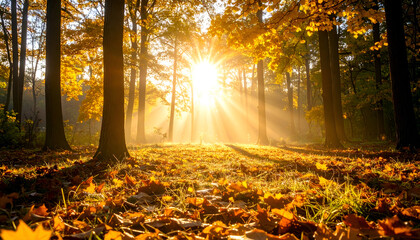 Obraz premium Sunlit Autumn Forest with Golden Leaves