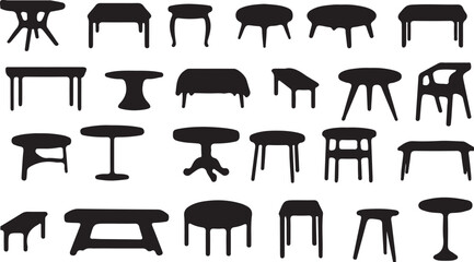 table, chair, furniture, silhouette, design, interior, object, collection, set, various shapes, styles, modern, classic, wood, metal, graphic, illustration, black and white, isolated, clean, simple, m