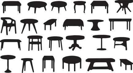 table, chair, furniture, silhouette, design, interior, object, collection, set, various shapes, styles, modern, classic, wood, metal, graphic, illustration, black and white, isolated, clean, simple, m