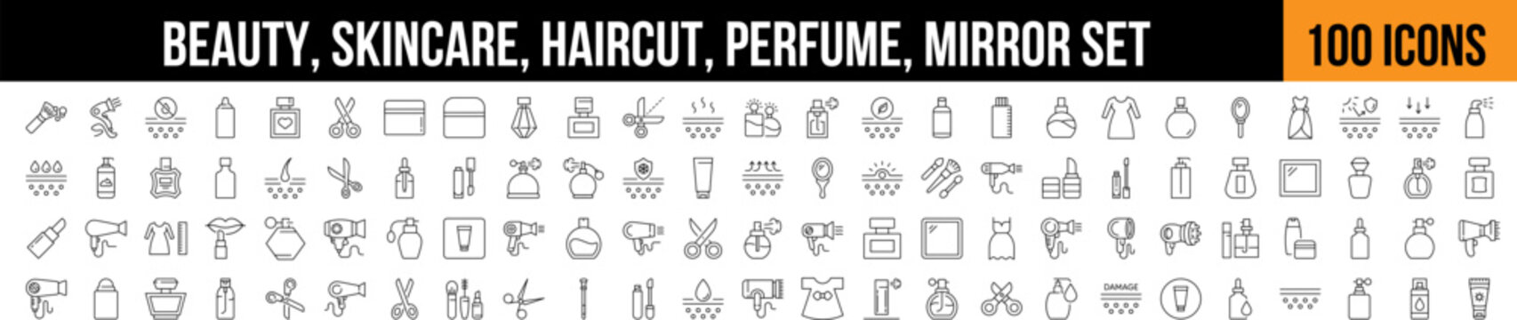 Beauty, Skincare, Mirror, Haircut Outline Image Collection. Editable Stroke. Perfect for Graphics, Designs, Books, Adverts, Apps