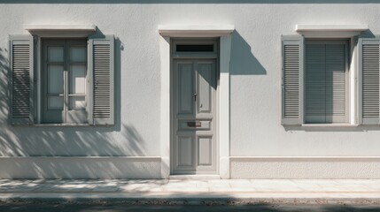 and keyword list based on the image

 House facade Grey door, windows, shutters - sunny day