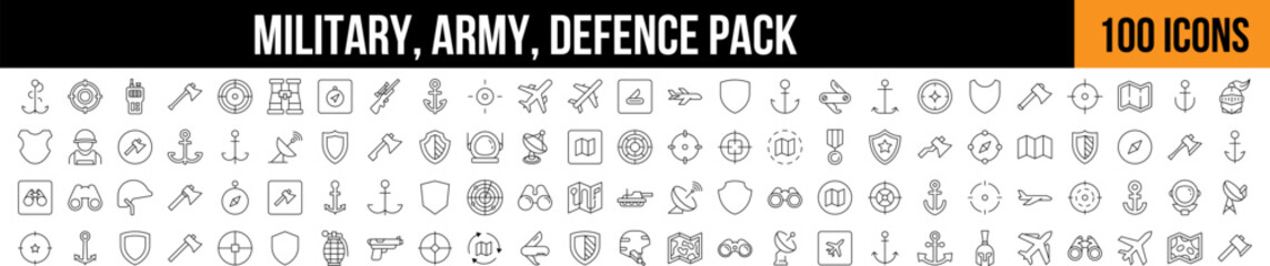 Military, Defense, Army Line Icon Collection. Editable Stroke. Perfect for Graphics, Designs, Books, Adverts, Apps