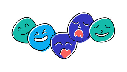 Diverse doodle faces expressing emotions happy laughing