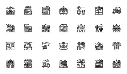 City Element icon set. Urban vector illustration. Inludes symbols for antenna,hostel, book shop, bridge,car park, bus stop, food tuck, factory, payphone, aprtments and more.