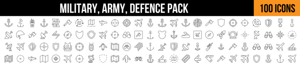 Military, Defense, Army Related Line Icon Collection. Editable Stroke. Perfect for Graphics, Designs, Books, Adverts, Apps