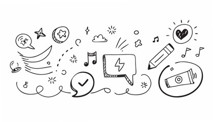 Doodle icons with speech bubbles and music notes pencil