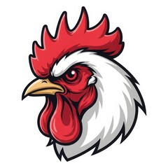 Aggressive rooster head illustration with red comb and white feathers
