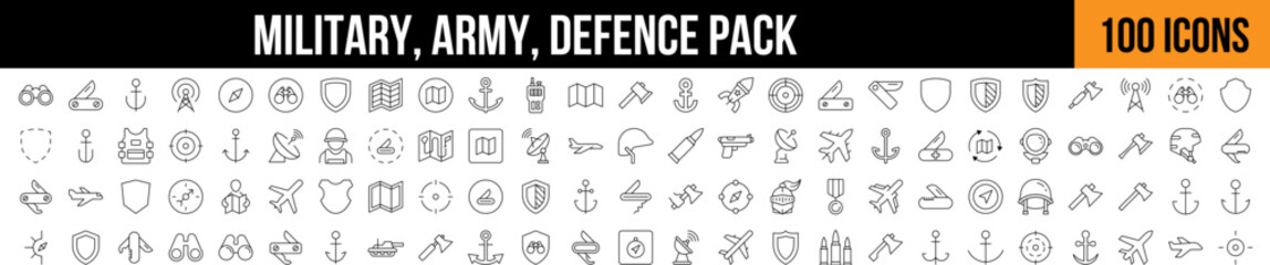 Military, Defense, Army Outline Picture Collection. Editable Stroke. Perfect for Graphics, Designs, Books, Adverts, Apps