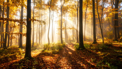 Obraz premium Sunlit Autumn Forest in Morning Fog