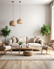 Serene Japandi Living Room with Wicker Pendant Lights and Natural Textures.