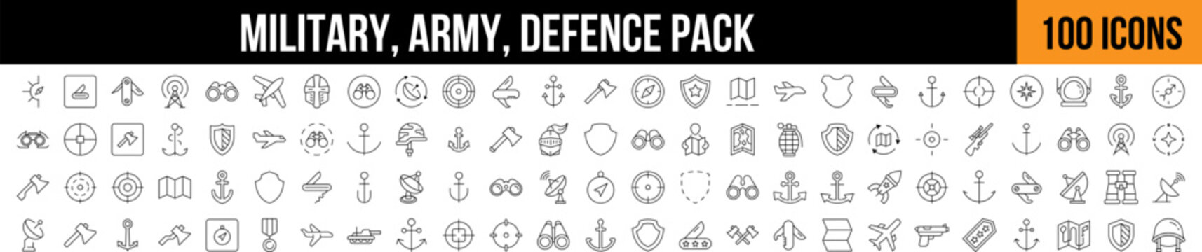 Military, Defense, Army Outline Sign Collection. Editable Stroke. Perfect for Graphics, Designs, Books, Adverts, Apps