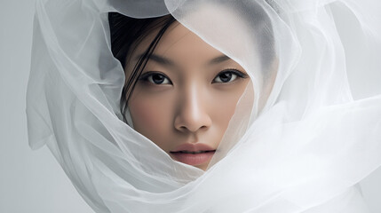 ベールのような白い布を被る意志の強そうな目の女性
