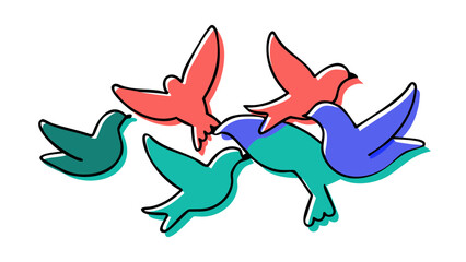 Flock of colorful birds in flight flying coral