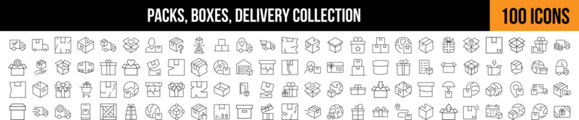 Boxes for Delivery and Transportation Outline Sign Collection. Editable Stroke. Perfect for Graphics, Designs, Books, Adverts, Apps