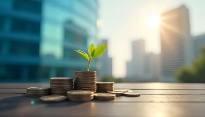 Stacks of coins with greenery, highlighting the theme of financial prosperity and growth for International Day of Banks