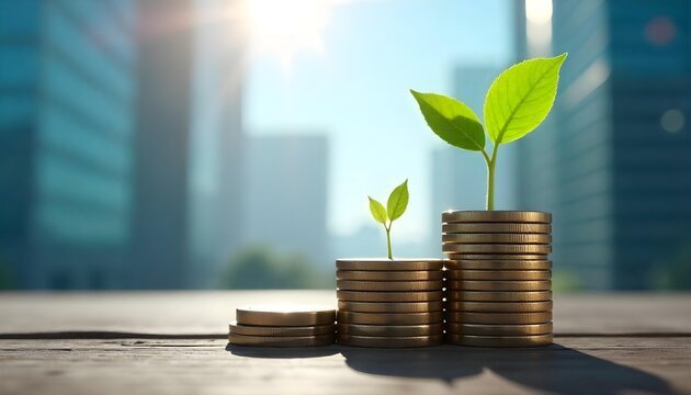 Stacks of coins with plants growing on top, symbolizing growth in finance and investment on International Day of Banks