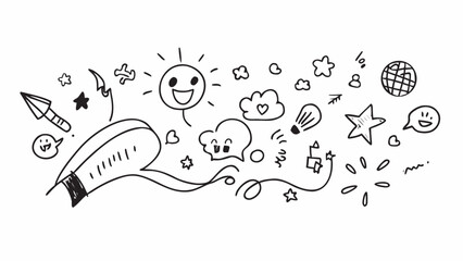 Fun doodle elements with happy sun and rocket drawing sketch