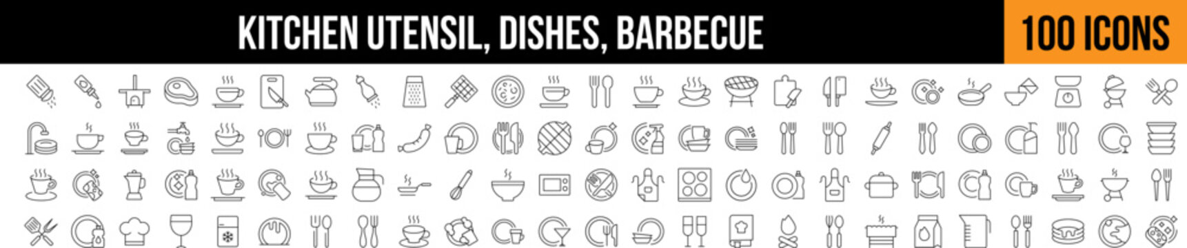 Kitchen Utensil, Dishes, Barbecue Related Line Icon Collection. Editable Stroke. Perfect for Graphics, Designs, Books, Adverts, Apps