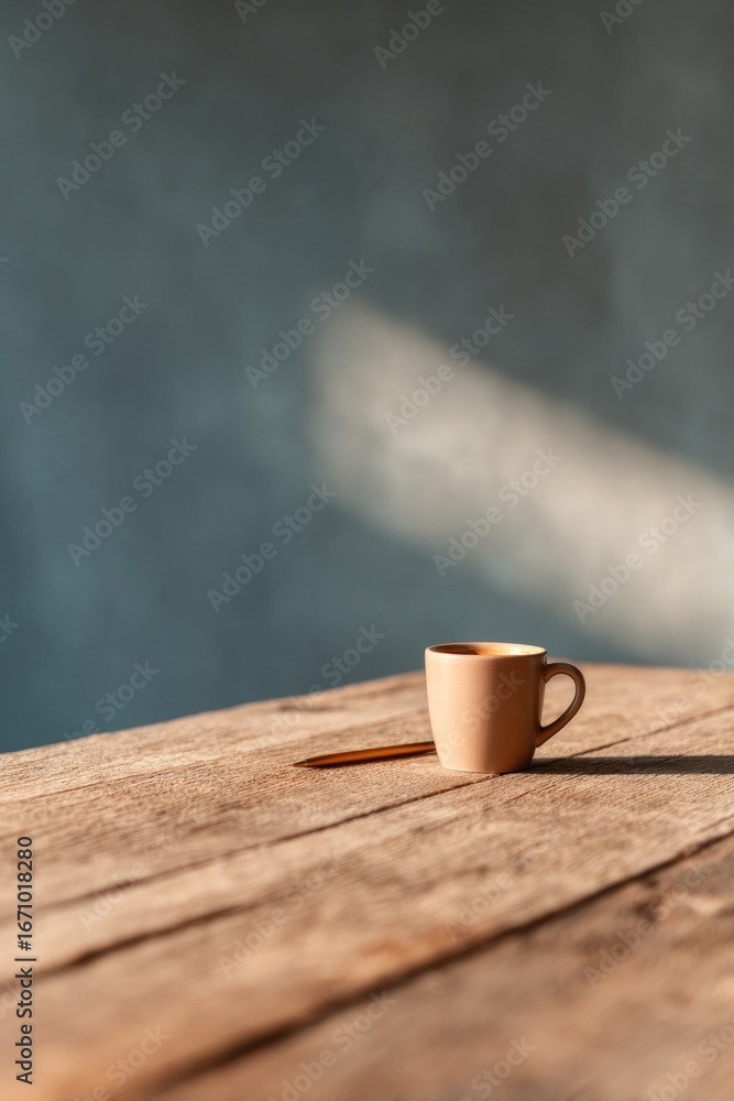Poster warm sunlight casts shadows on rustic wooden table with simple c