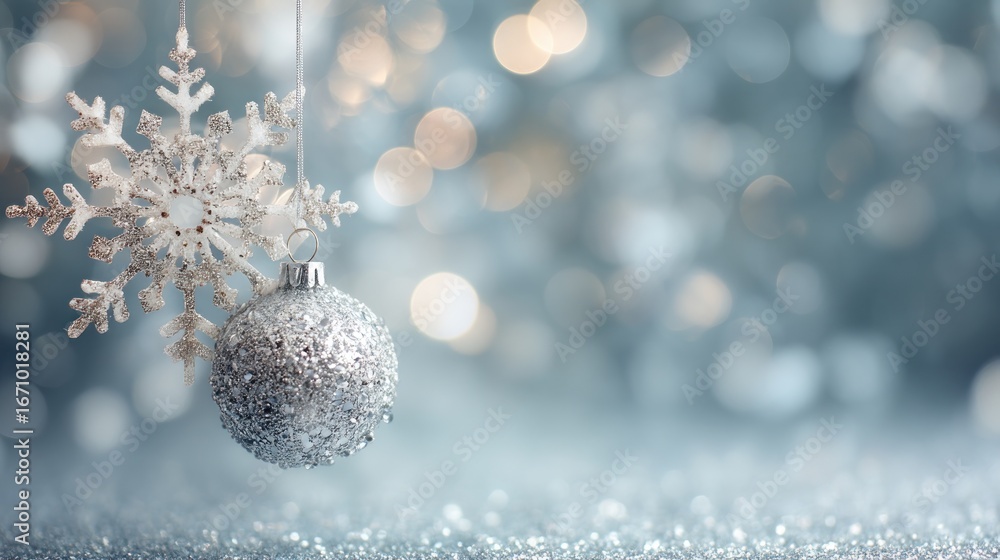 Poster shimmering snowflake and ornament on a bokeh backdrop