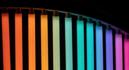 Array of neon-colored tubes arranged in a curve against a black background