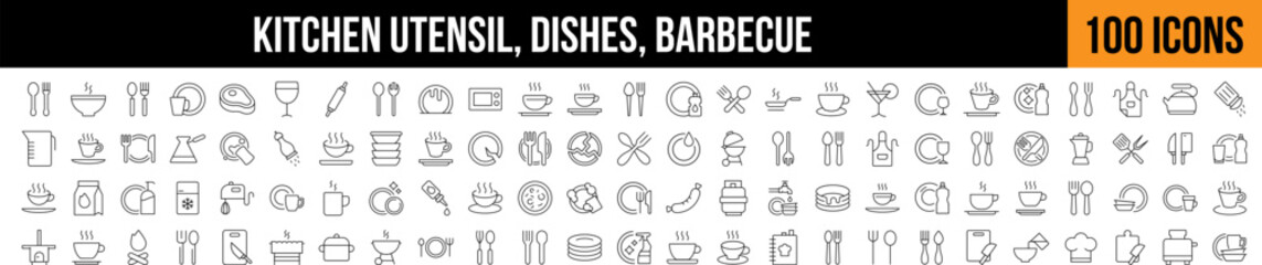 Kitchen Utensil, Dishes, Barbecue Outline Icon Collection. Editable Stroke. Perfect for Graphics, Designs, Books, Adverts, Apps