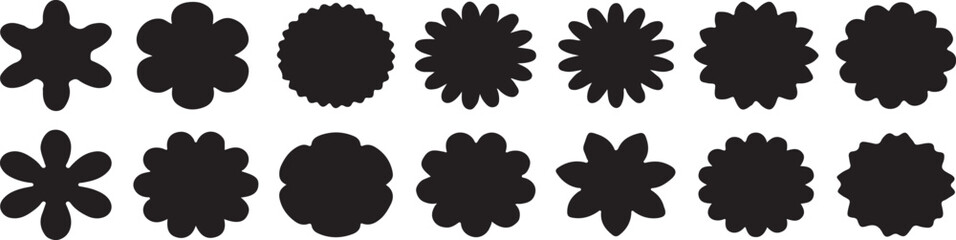 flower, star, bloom, petal, shape, silhouette, black, white, background, graphic, design, pattern, abstract, decorative, ornamental, collection, set, assorted, varied, unique, simple, modern, art, ill