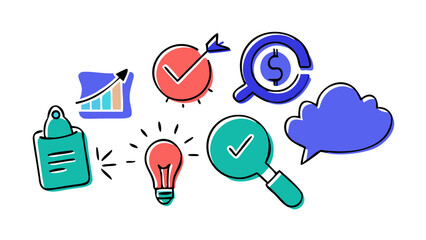 Hand drawn business icons with checkmarks and dollar sign office graph