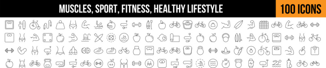 Sport and Fitness, Healthy Lifestyle Related Line Icon Collection. Editable Stroke. Perfect for Graphics, Designs, Books, Adverts, Apps