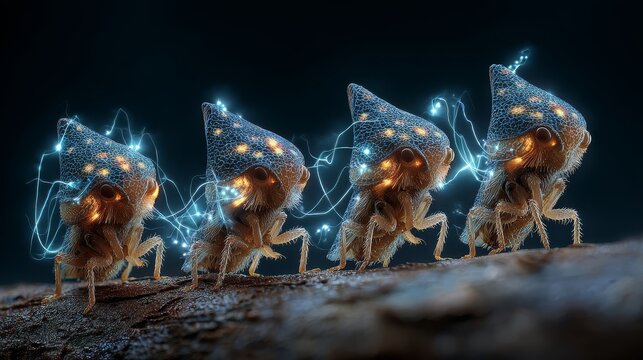 Macro photography of fantastically shaped treehoppers with electrical charge visualizations surrounding their bodies, abstract concept of evolutionary adaptation